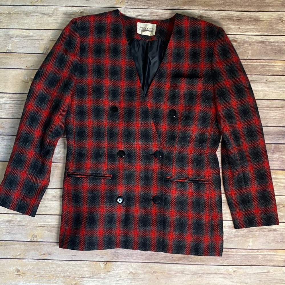 Vintage 90s Plaid Blazer Sz-10 Red Black Wool Double Breasted Collarless-USA